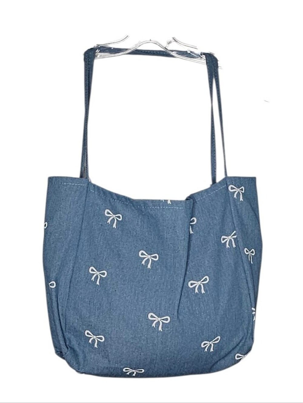 Handmade Blue Denim Tote Bag w White Bowties Long Skinny Straps w Inside Pocket